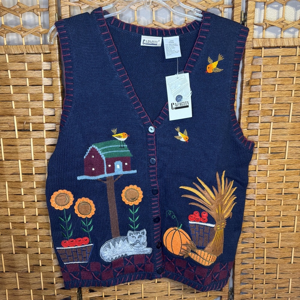 Vtg 90s Fall Autumn Knit Sweater Vest Blue Cat Sunflower Pumpkin Halloween SZ LG